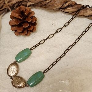 Bronze Chain With Faux Turquoise And Textured Acrylic Beads Necklace